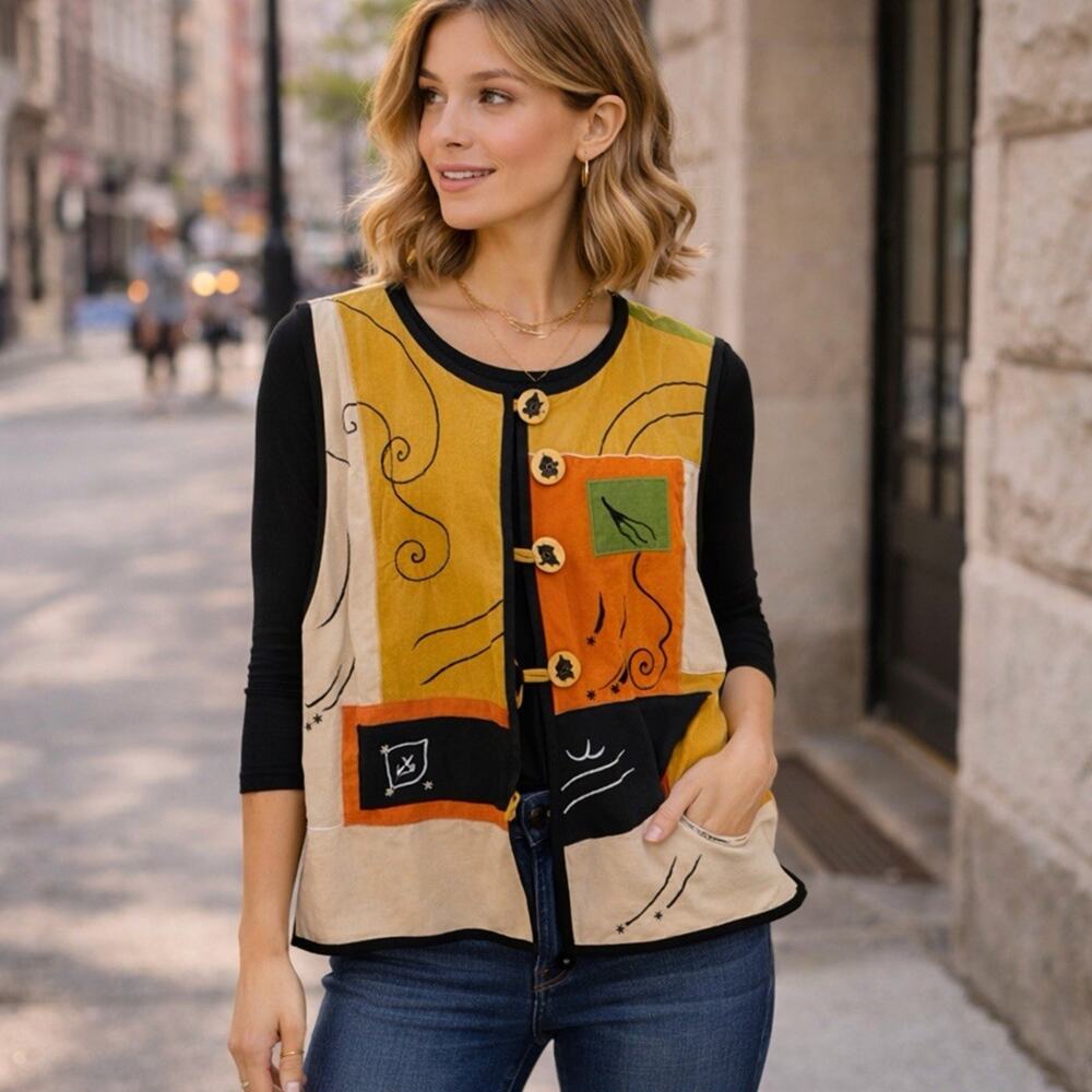 Vtg Allure Art To Wear Patchwork Vest Women L Rayon Linen Boho Abstract India